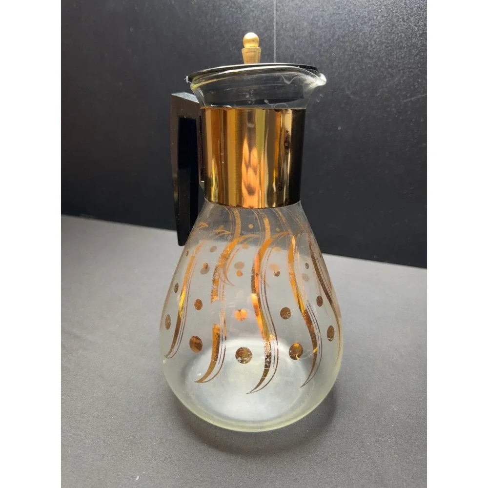 Vintage MCM Glass Coffee Carafe Gold Atomic Dot Pattern Lid Black Handle